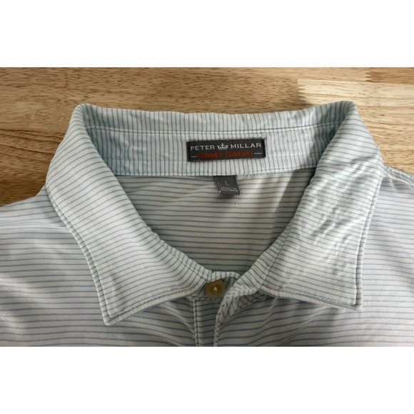 Peter Millar Summer Comfort Golf Polo Shirt Men’s White w/ Blue Striped Sz Large - Picture 5 of 7